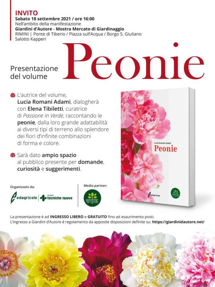 Peonie locandina presentazione volume a Giardini d'Autore 2021